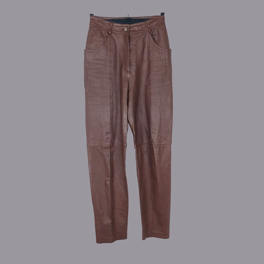 Vintage 90s Together Brown Leather Pants 2 X Small Tall High Waist